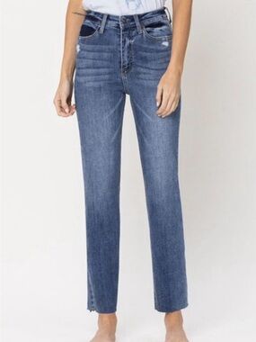 Vervet High Rise Ankle Straight Jeans Medium Wash Raw Hem Size 27